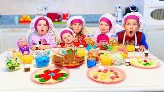 Cinq Enfants jouent préparent le petit déjeuner pour maman