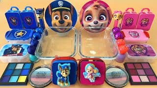 PAW PATROL Chase vs Skye Slime Mixing Makeup,Eyeshadow,Glitter,Clay Into Clear Slime ASMR No Talking