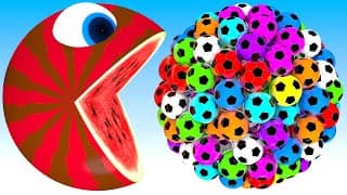 Pacman watermelon meets a giant soccer balls truck friends roll on farm as he find surprise box