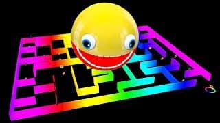 Pacman rolling travel around rainbow neon maze as he meets a snake friends