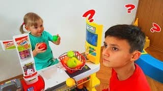 Alena and Pasha playing Fruit Store with Fruits and Toys
